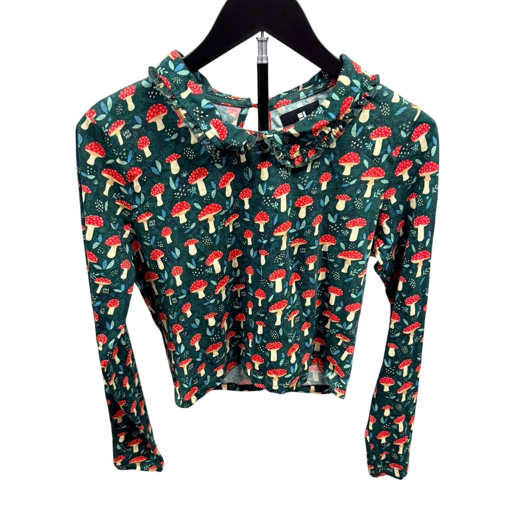 Standard Issue Mushroom Print Ruffle Collar Long Sleeve Top Green Red Small
